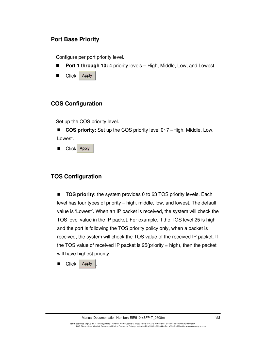 B&B Electronics EIR510-2MC-T, EIR510-2MT-T, EIR510-2SC-T manual Port Base Priority, COS Configuration, TOS Configuration 