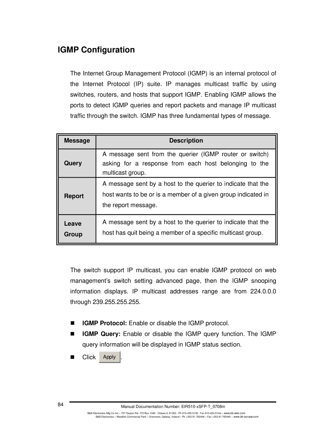 B&B Electronics EIR510-2SC-T, EIR510-2MT-T, EIR510-2MC-T manual Igmp Configuration, Message Description, Query, Report, Leave 