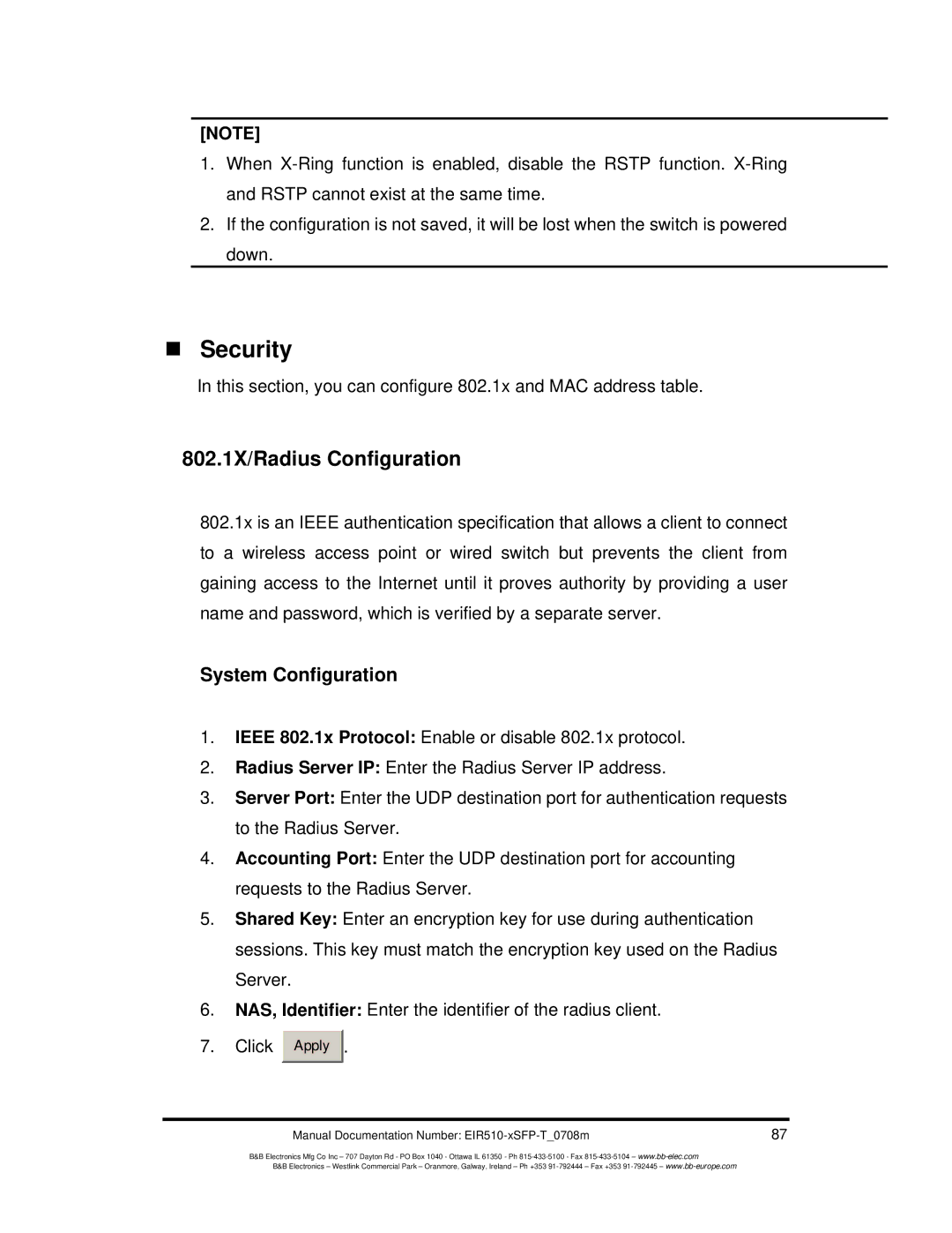 B&B Electronics EIR510-2SC-T, EIR510-2MT-T, EIR510-2MC-T manual „ Security, 802.1X/Radius Configuration, System Configuration 