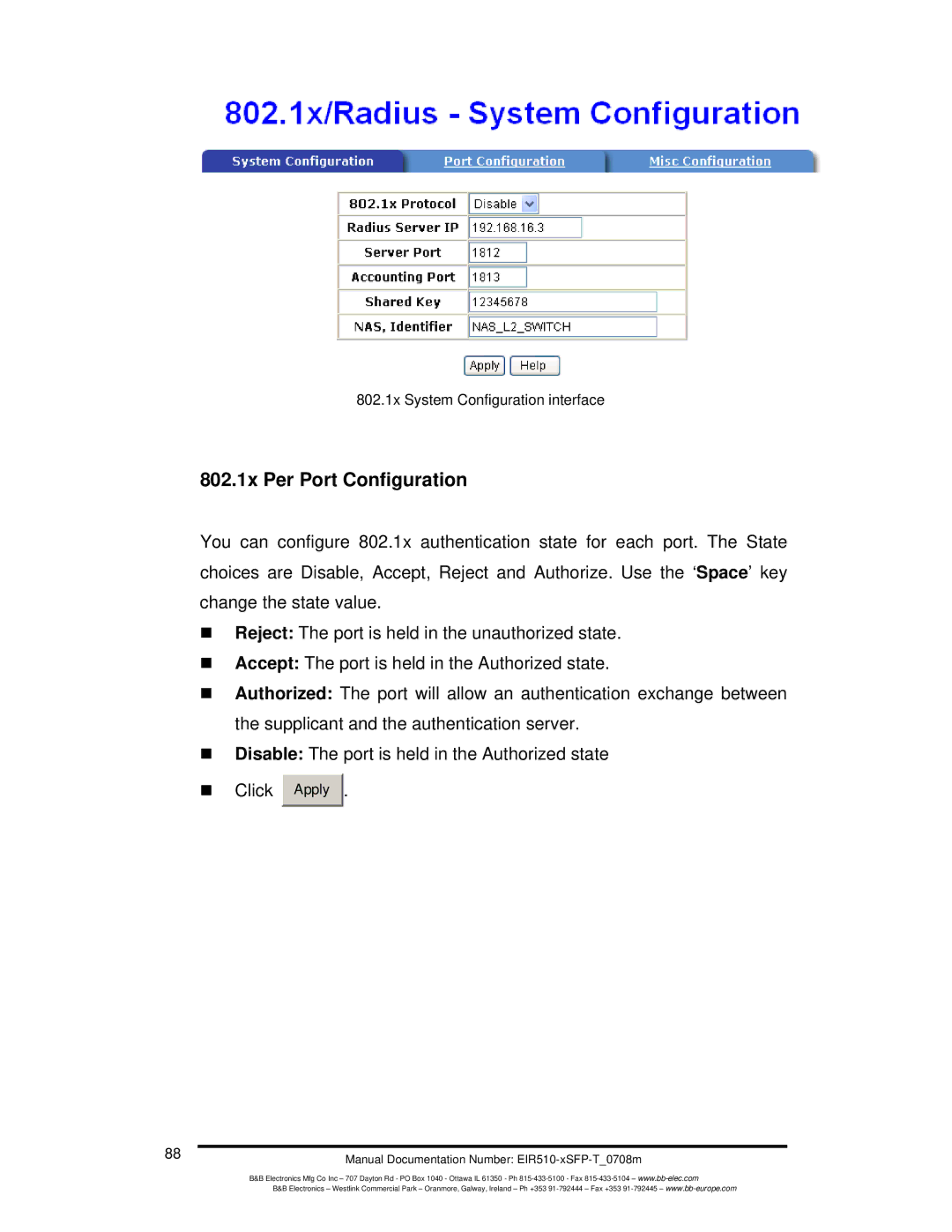 B&B Electronics EIR510-2MT-T, EIR510-2MC-T, EIR510-2SC-T manual 802.1x Per Port Configuration 