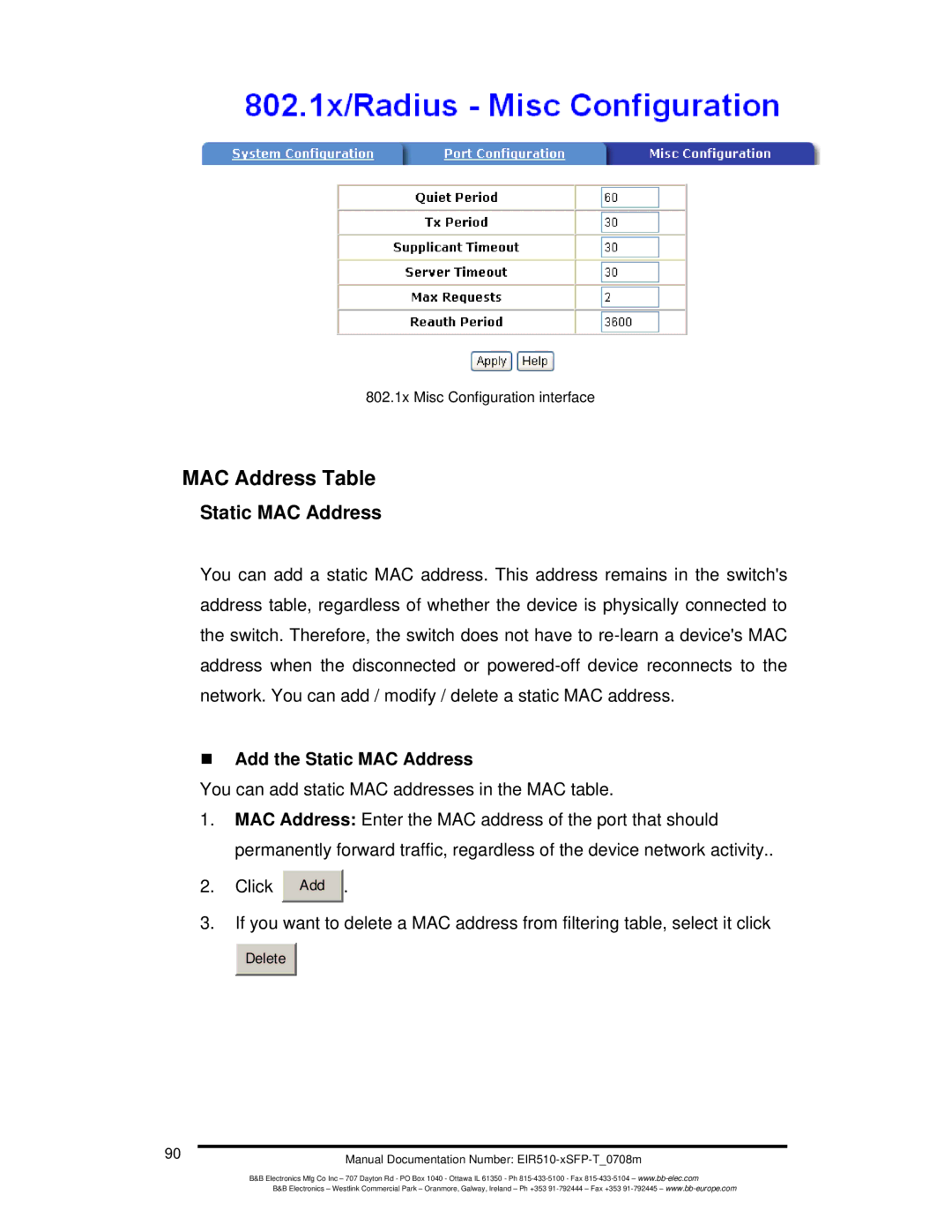 B&B Electronics EIR510-2SC-T, EIR510-2MT-T, EIR510-2MC-T manual MAC Address Table, „ Add the Static MAC Address 