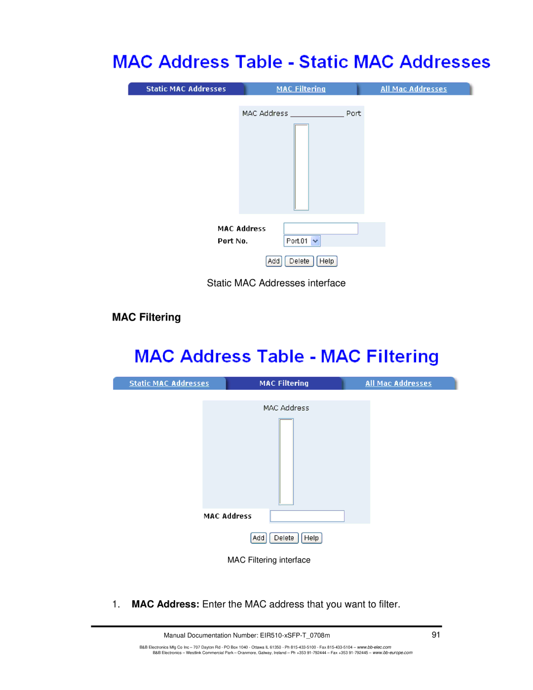 B&B Electronics EIR510-2MT-T, EIR510-2MC-T, EIR510-2SC-T manual MAC Filtering 