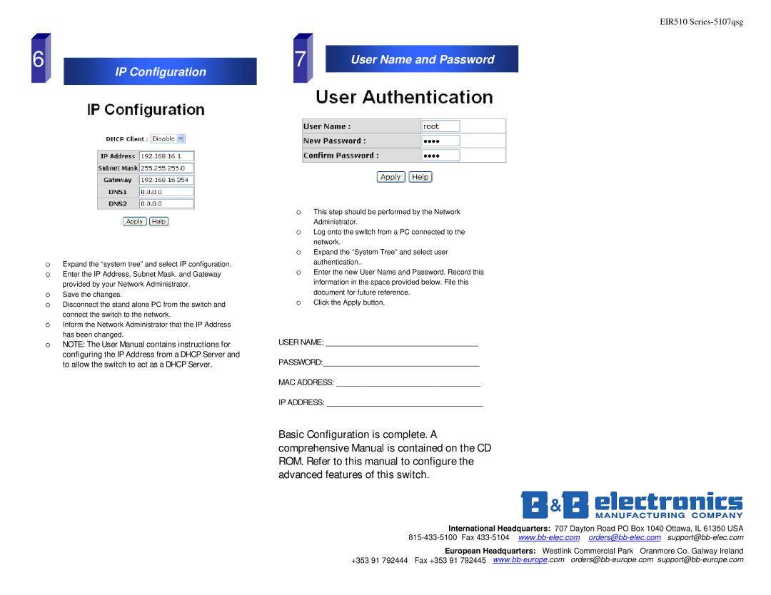 B&B Electronics EIR510 Series quick start IP Configuration, User Name and Password 