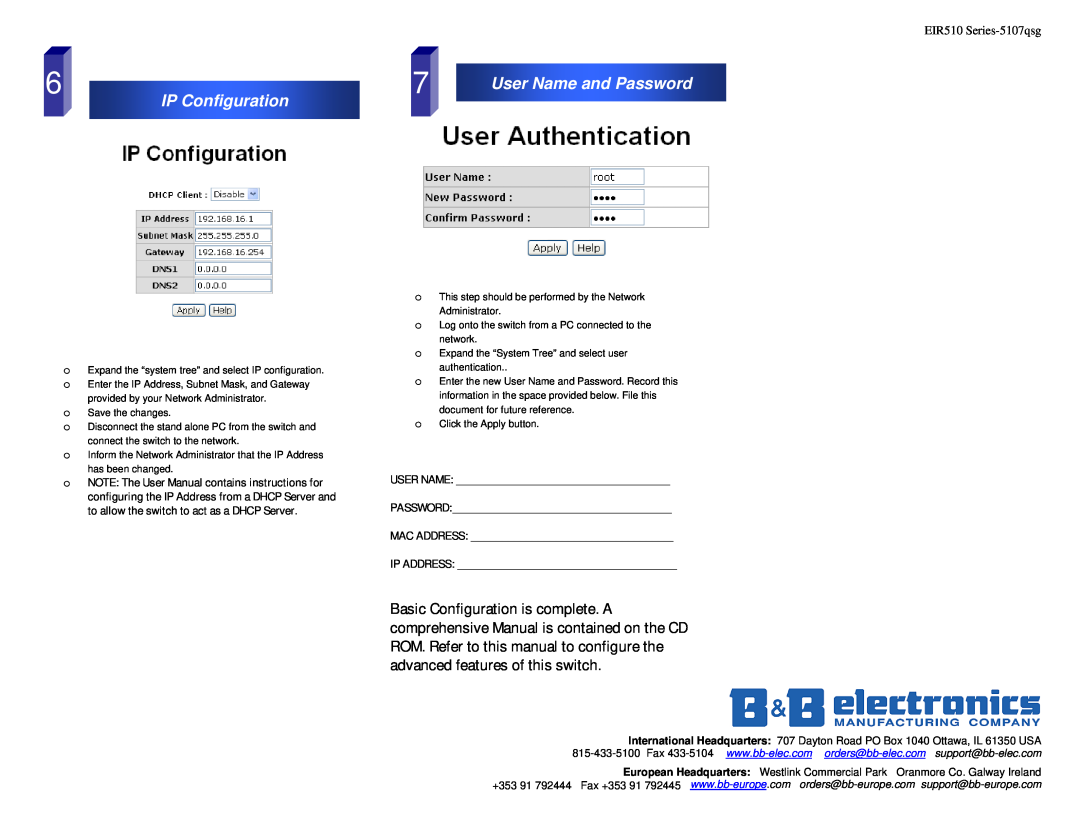 B&B Electronics EIR510 Series IP Configuration, User Name and Password, User Name Password Mac Address Ip Address 