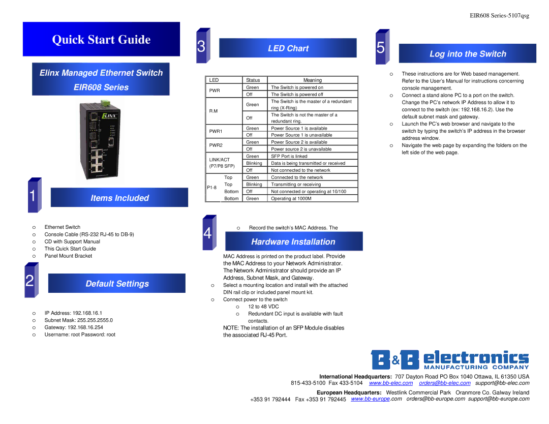 B&B Electronics EIR608 Series quick start Quick Start Guide, Log into the Switch, Default Settings, Hardware Installation 