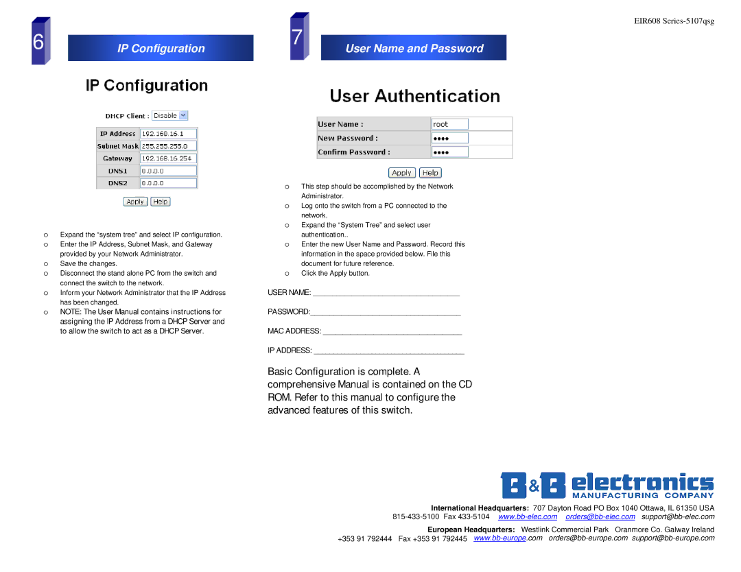 B&B Electronics EIR608 Series quick start IP Configuration, User Name and Password 