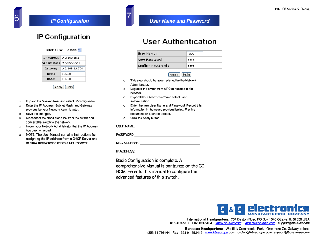 B&B Electronics EIR608 Series IP Configuration, User Name and Password, assigning the IP Address from a DHCP Server and 