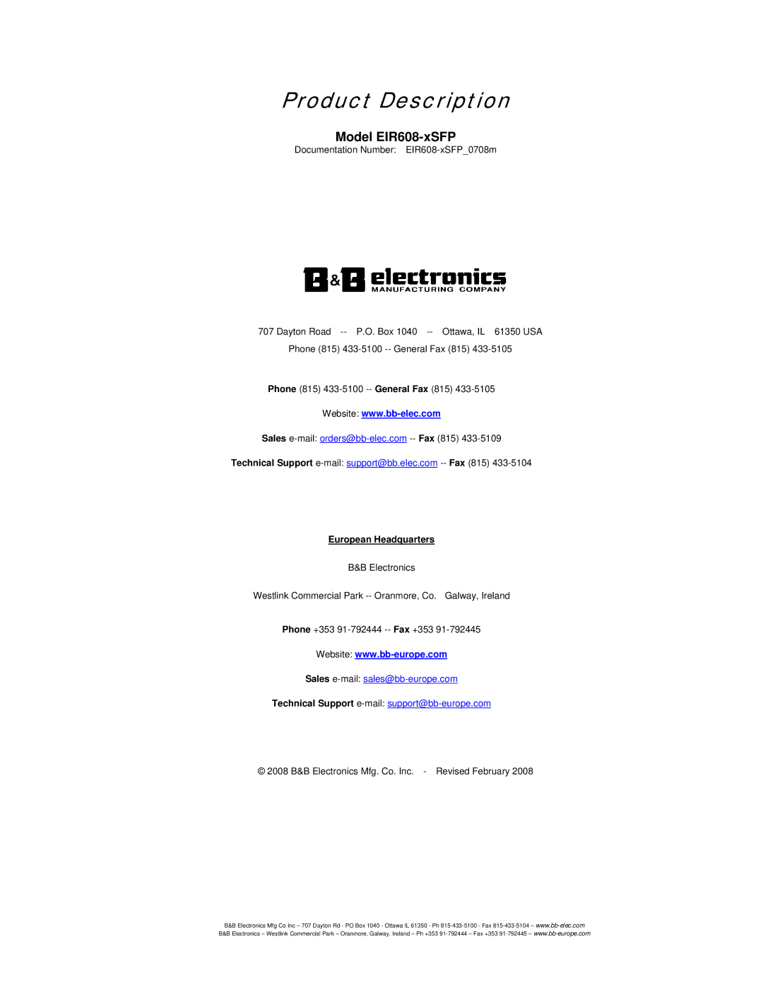 B&B Electronics EIR608-xSFP manual Product Description 