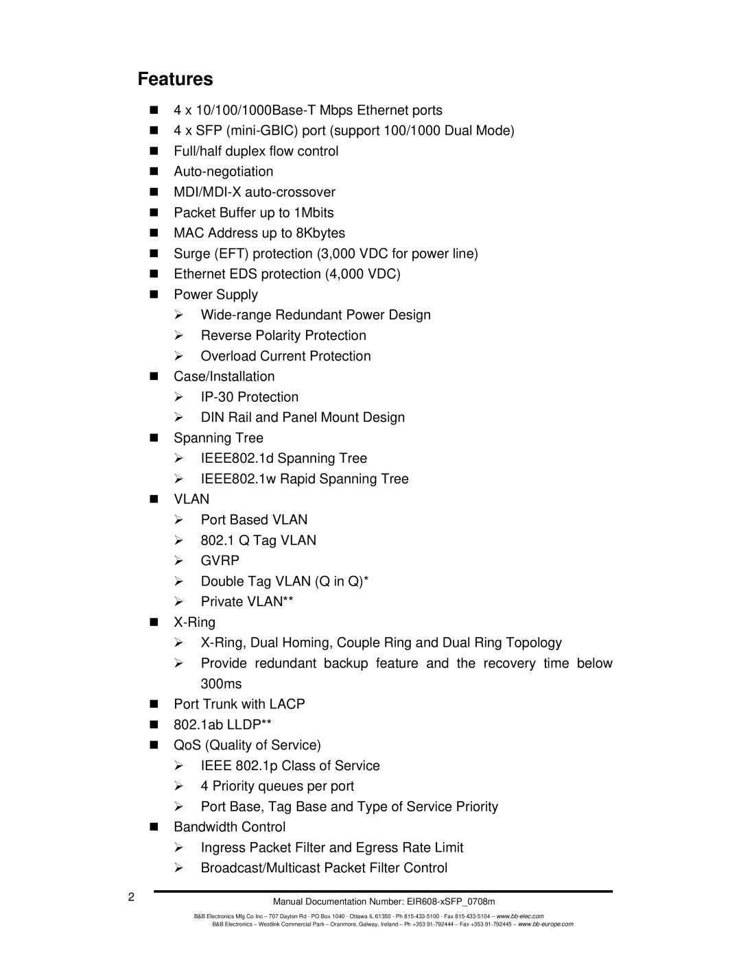 B&B Electronics EIR608-xSFP manual Features, ¾ Gvrp 