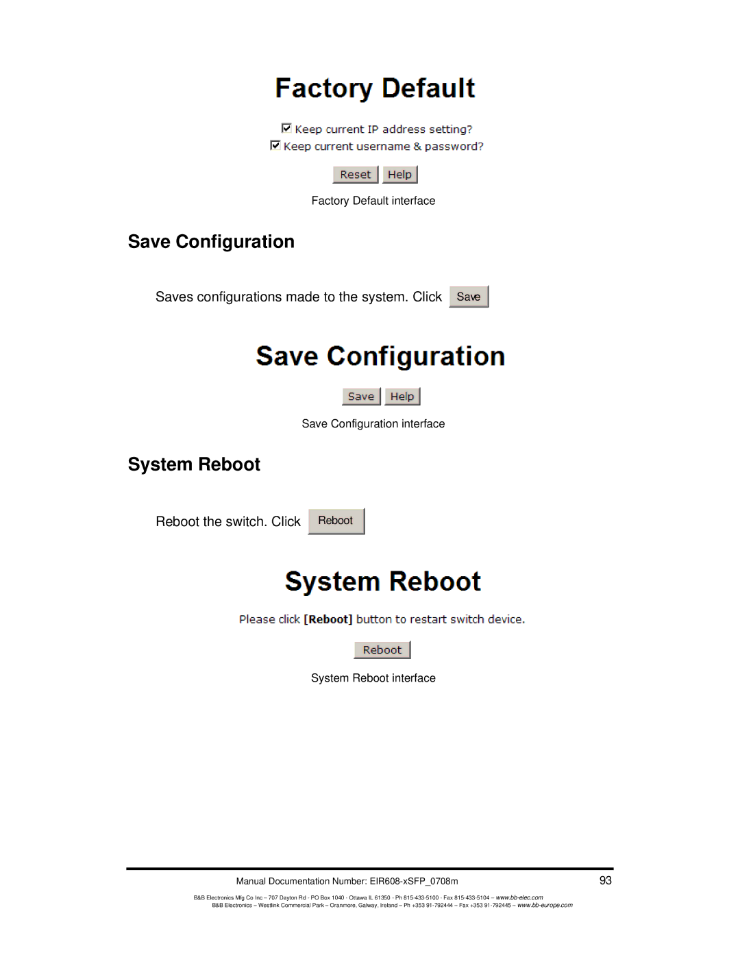 B&B Electronics EIR608-xSFP manual Save Configuration, System Reboot 