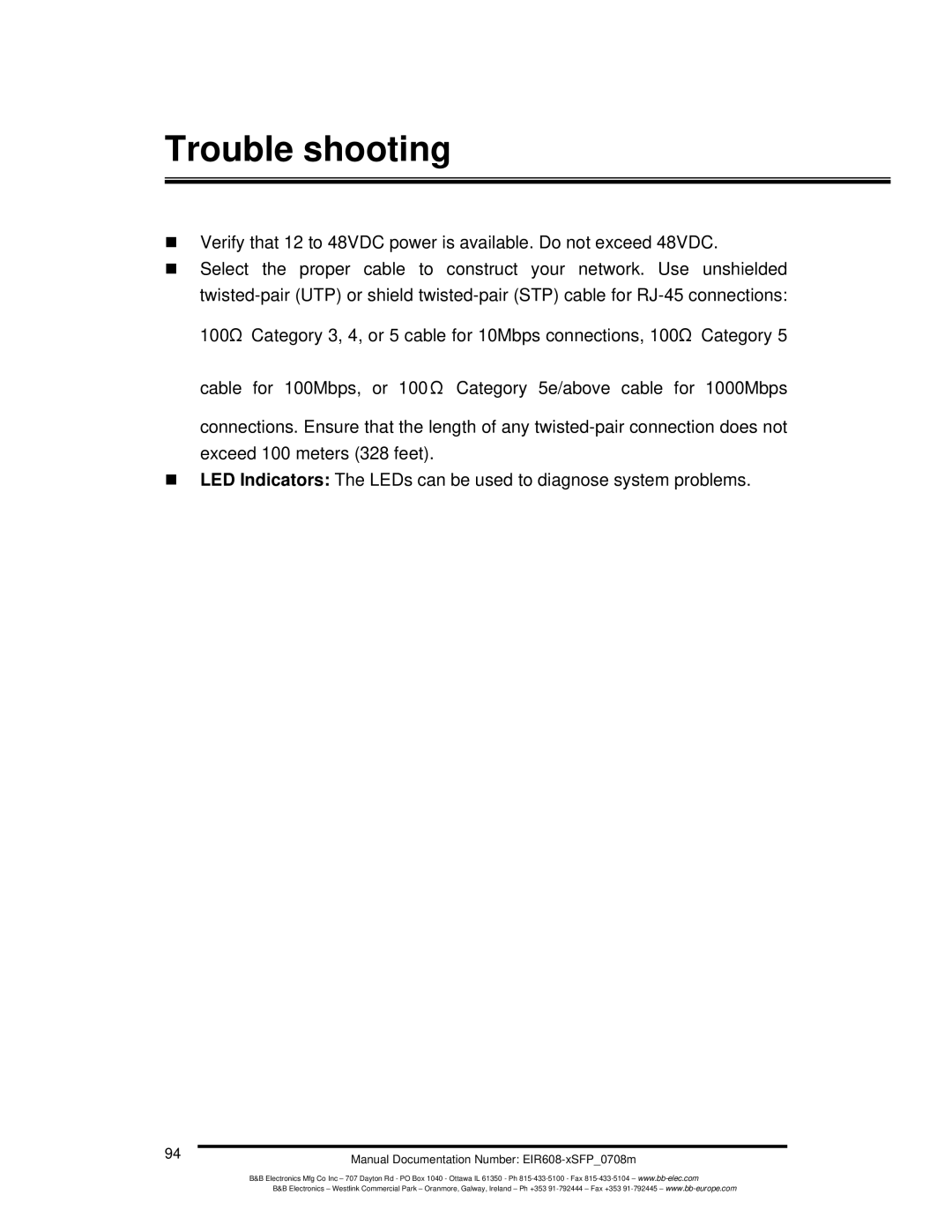 B&B Electronics EIR608-xSFP manual Trouble shooting 