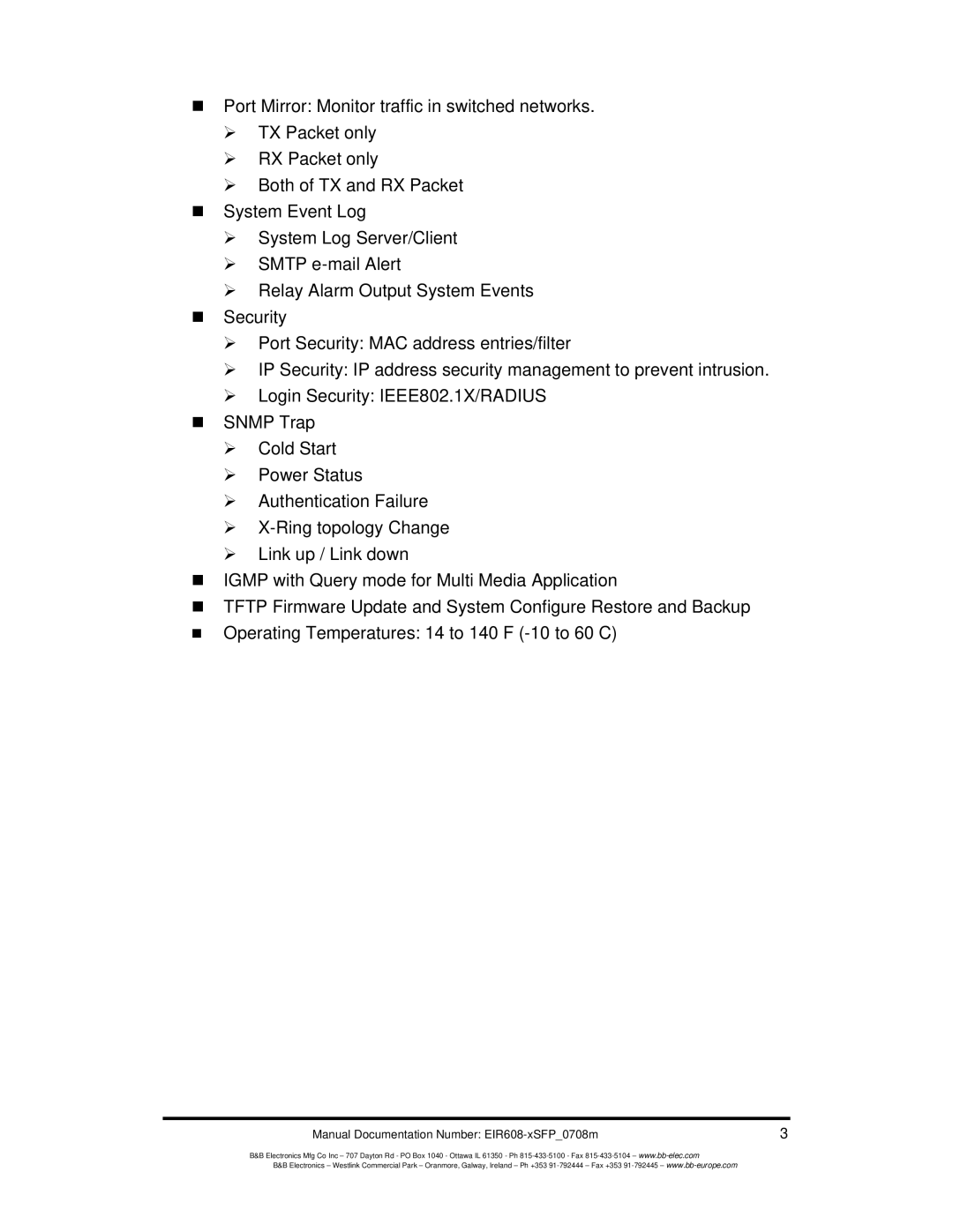 B&B Electronics manual Manual Documentation Number EIR608-xSFP0708m 