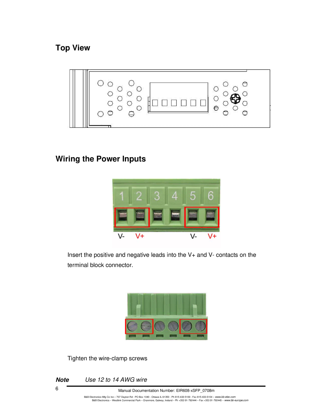 B&B Electronics EIR608-xSFP manual Top View Wiring the Power Inputs 