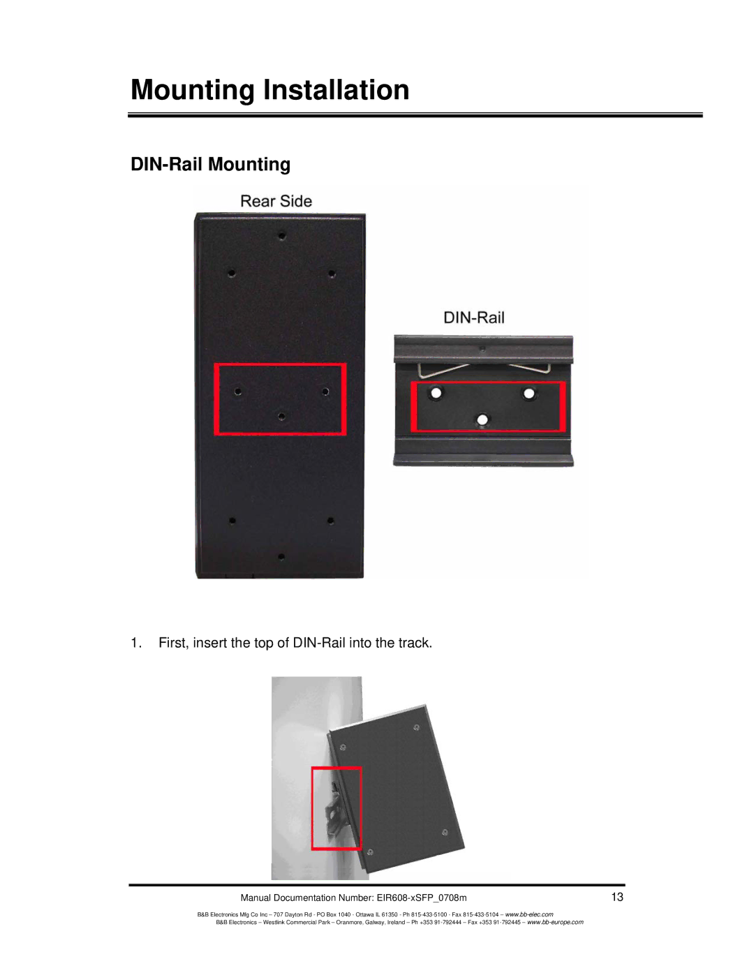 B&B Electronics EIR608-xSFP manual Mounting Installation, DIN-Rail Mounting 