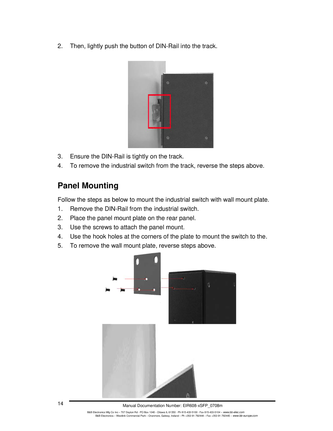 B&B Electronics EIR608-xSFP manual Panel Mounting 