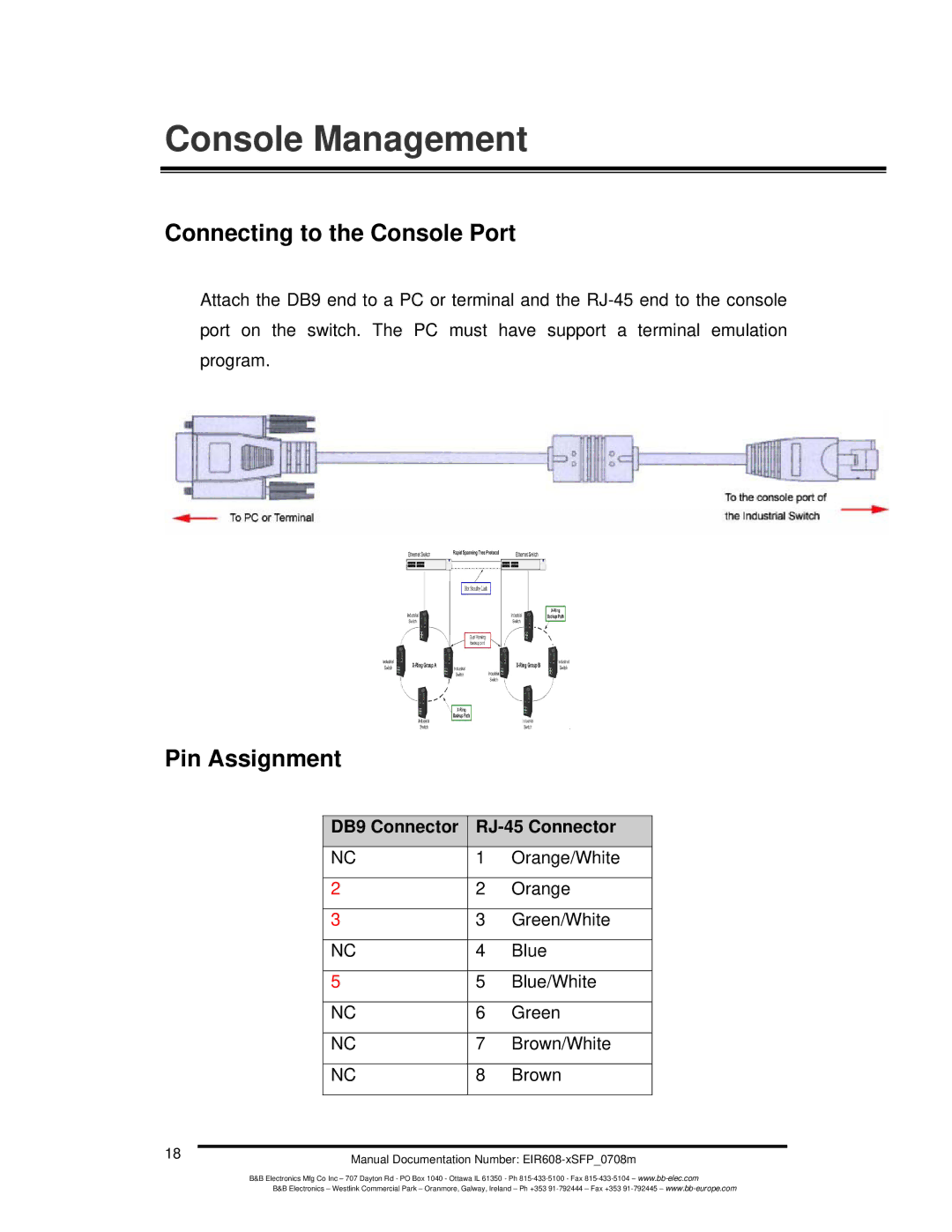 B&B Electronics EIR608-xSFP manual Connecting to the Console Port, Pin Assignment, DB9 Connector RJ-45 Connector 