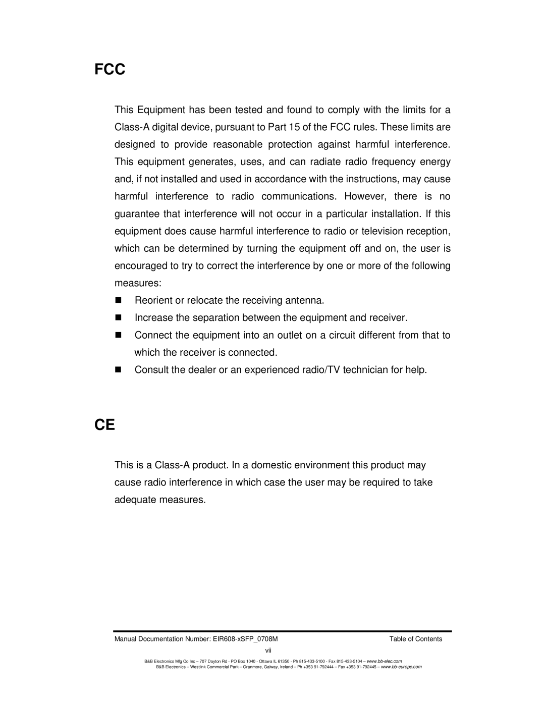 B&B Electronics EIR608-xSFP manual Fcc 