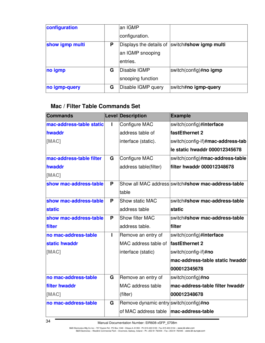 B&B Electronics EIR608-xSFP manual Mac / Filter Table Commands Set 