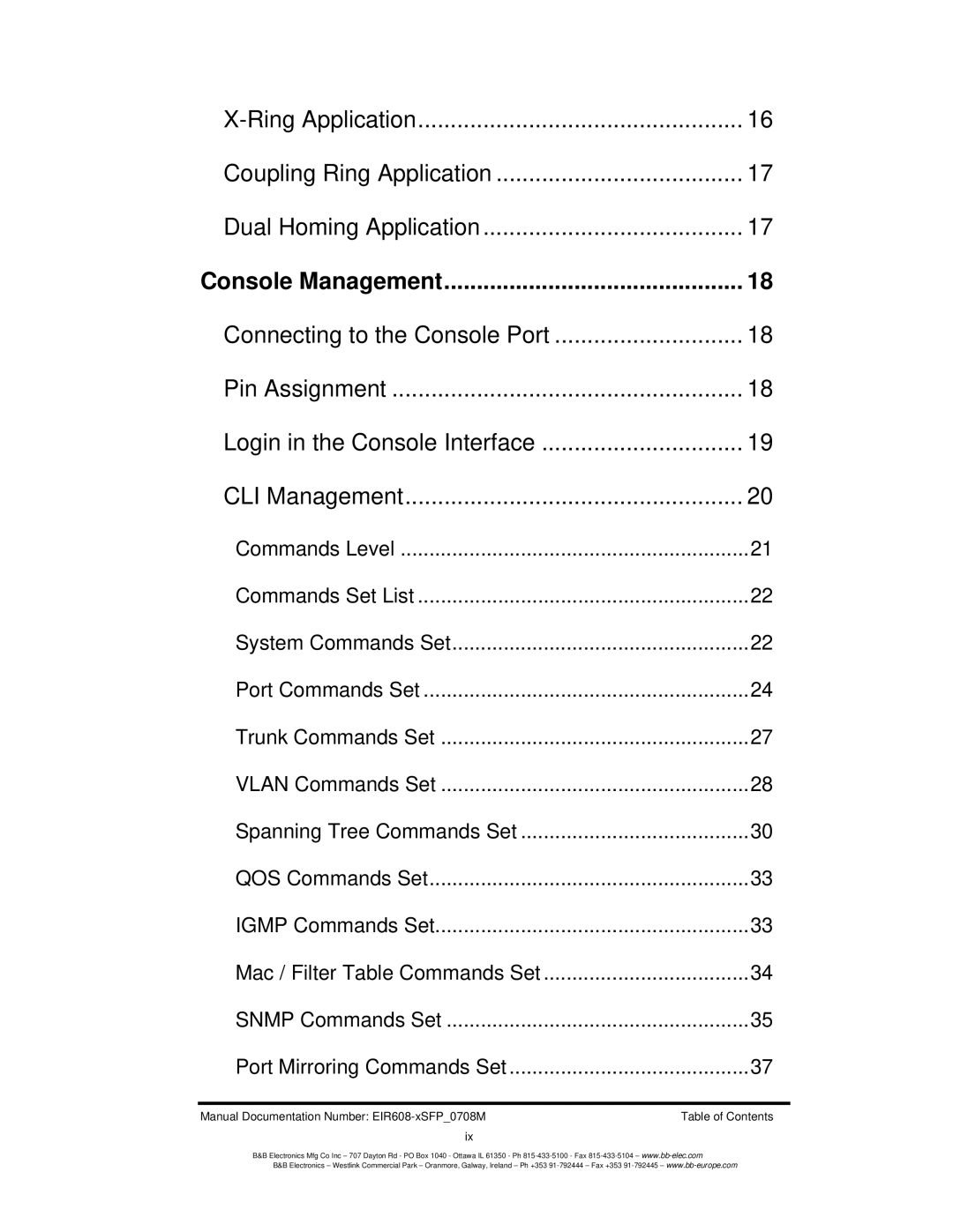 B&B Electronics EIR608-xSFP manual Pin Assignment 