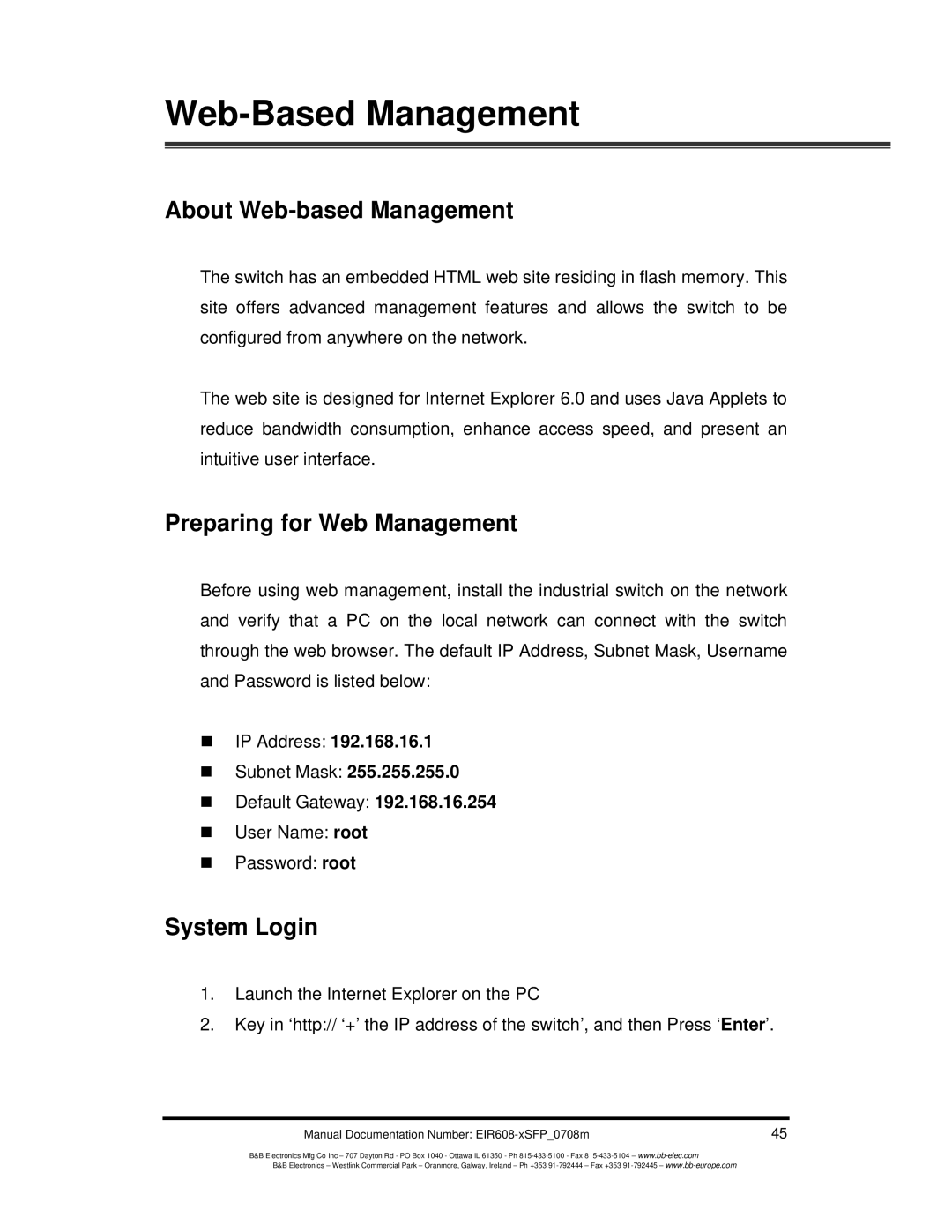 B&B Electronics EIR608-xSFP manual About Web-based Management, Preparing for Web Management, System Login 