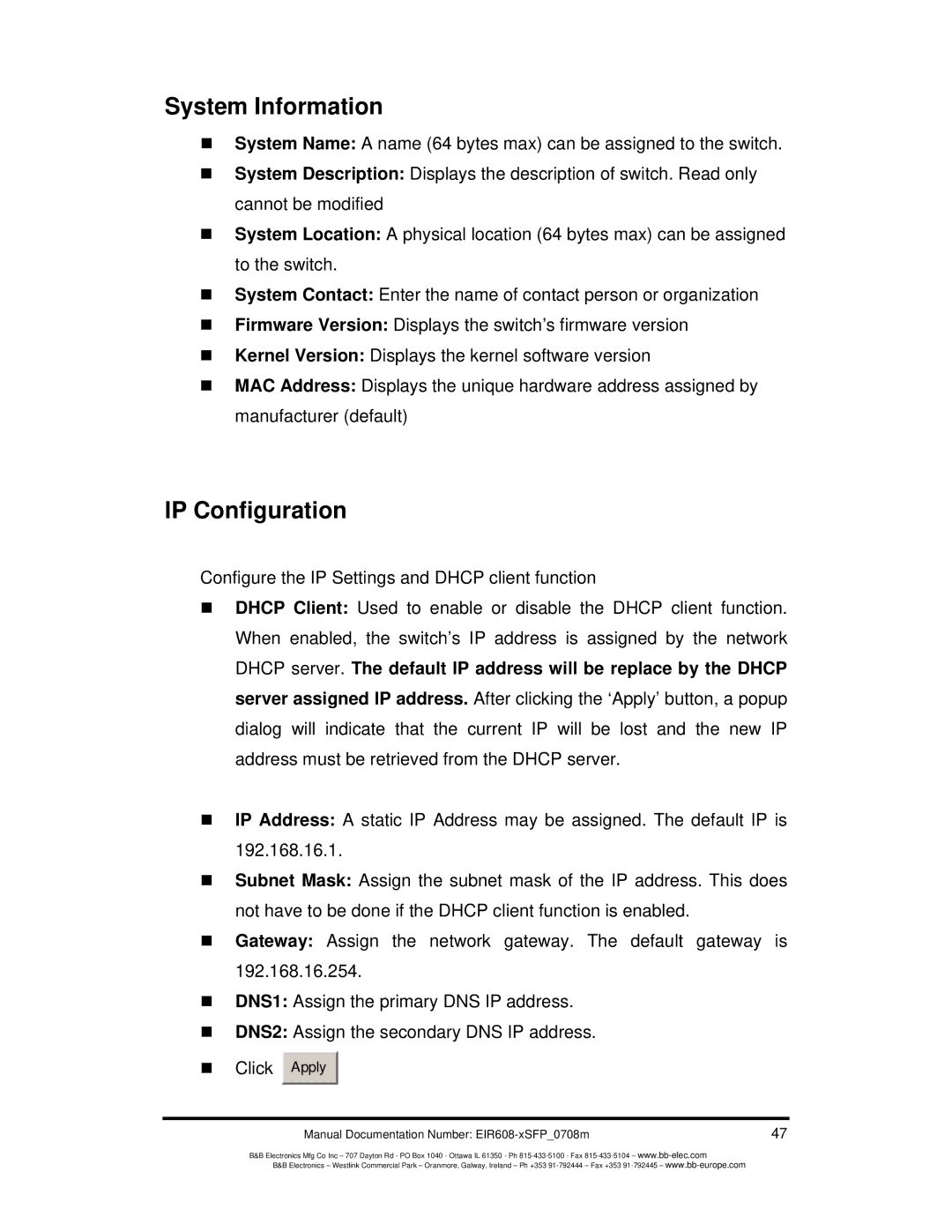 B&B Electronics EIR608-xSFP manual System Information, IP Configuration 