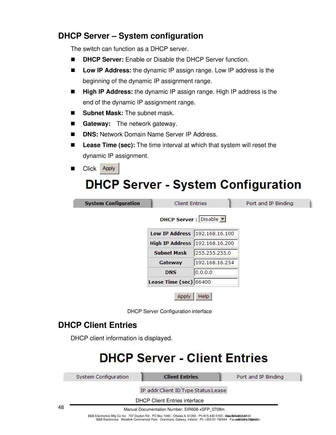 B&B Electronics EIR608-xSFP manual Dhcp Server System configuration, Dhcp Client Entries 