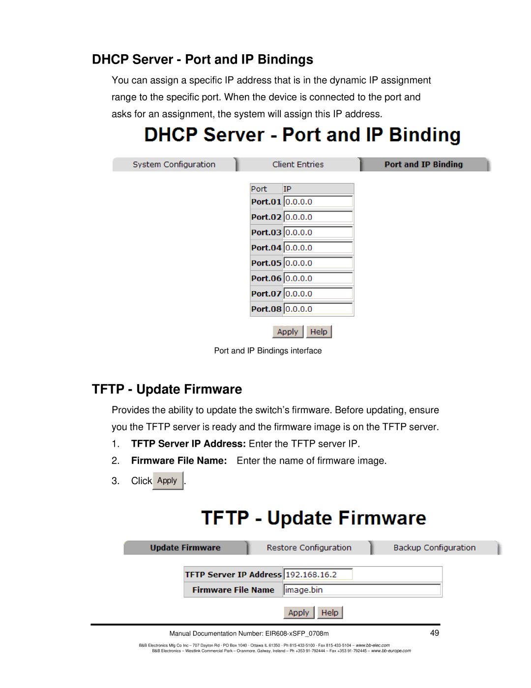 B&B Electronics EIR608-xSFP manual Dhcp Server Port and IP Bindings, Tftp Update Firmware 