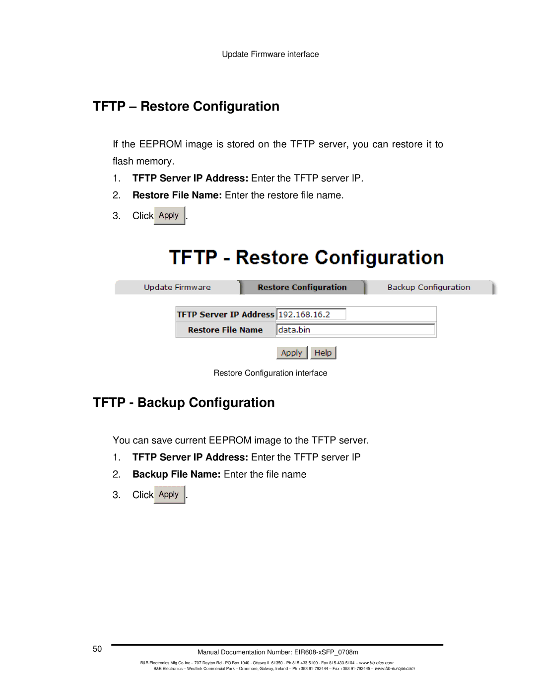 B&B Electronics EIR608-xSFP manual Tftp Restore Configuration, Tftp Backup Configuration 