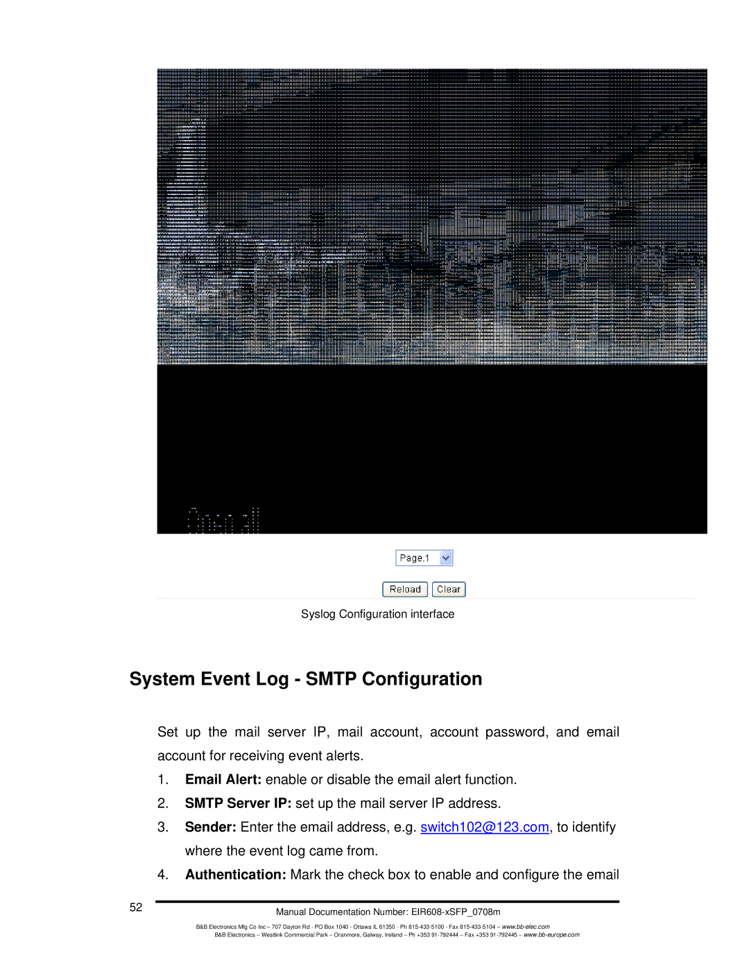 B&B Electronics EIR608-xSFP manual System Event Log Smtp Configuration 