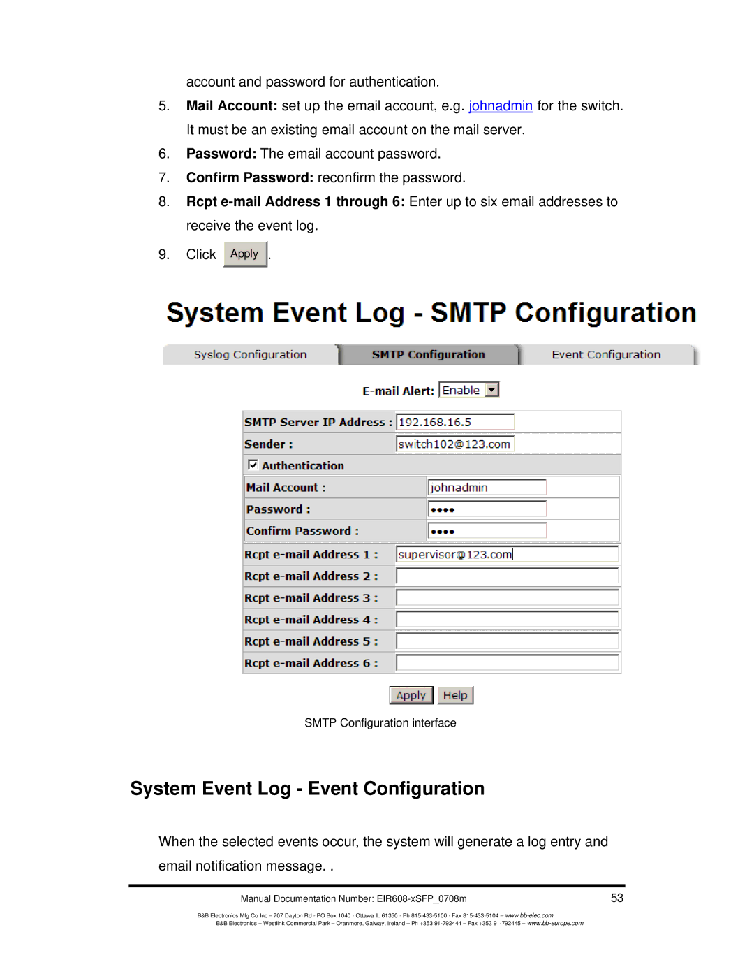 B&B Electronics EIR608-xSFP manual System Event Log Event Configuration 