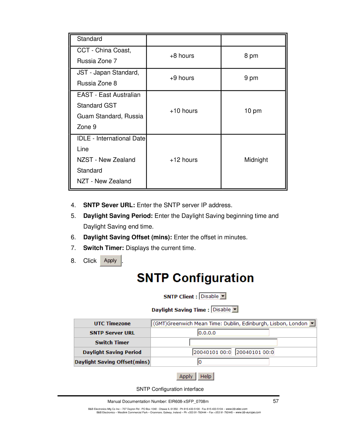 B&B Electronics EIR608-xSFP manual Daylight Saving Offset mins Enter the offset in minutes 