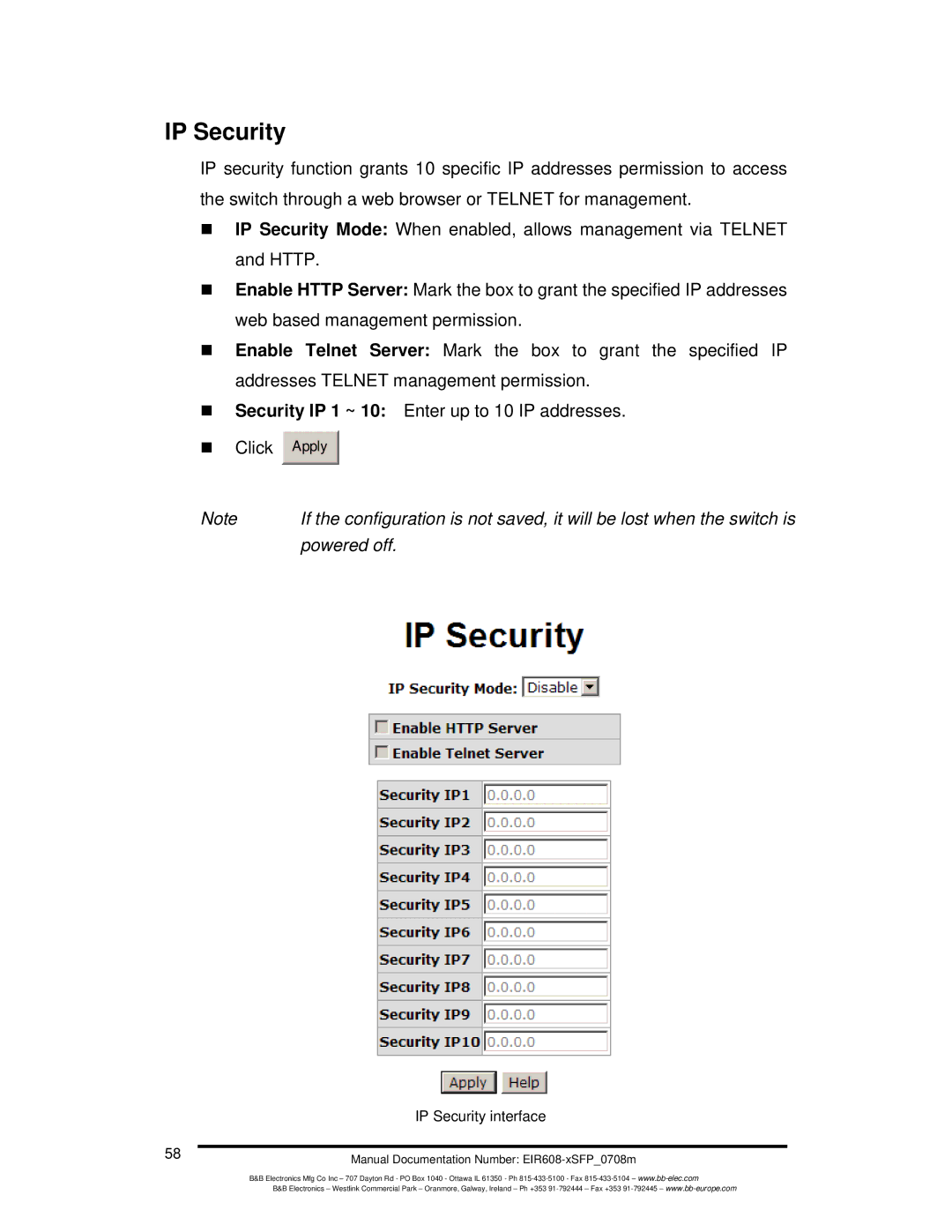 B&B Electronics EIR608-xSFP manual IP Security 