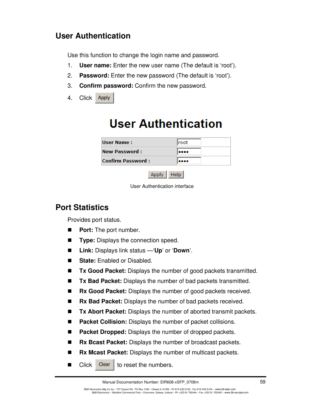 B&B Electronics EIR608-xSFP manual User Authentication, Port Statistics 