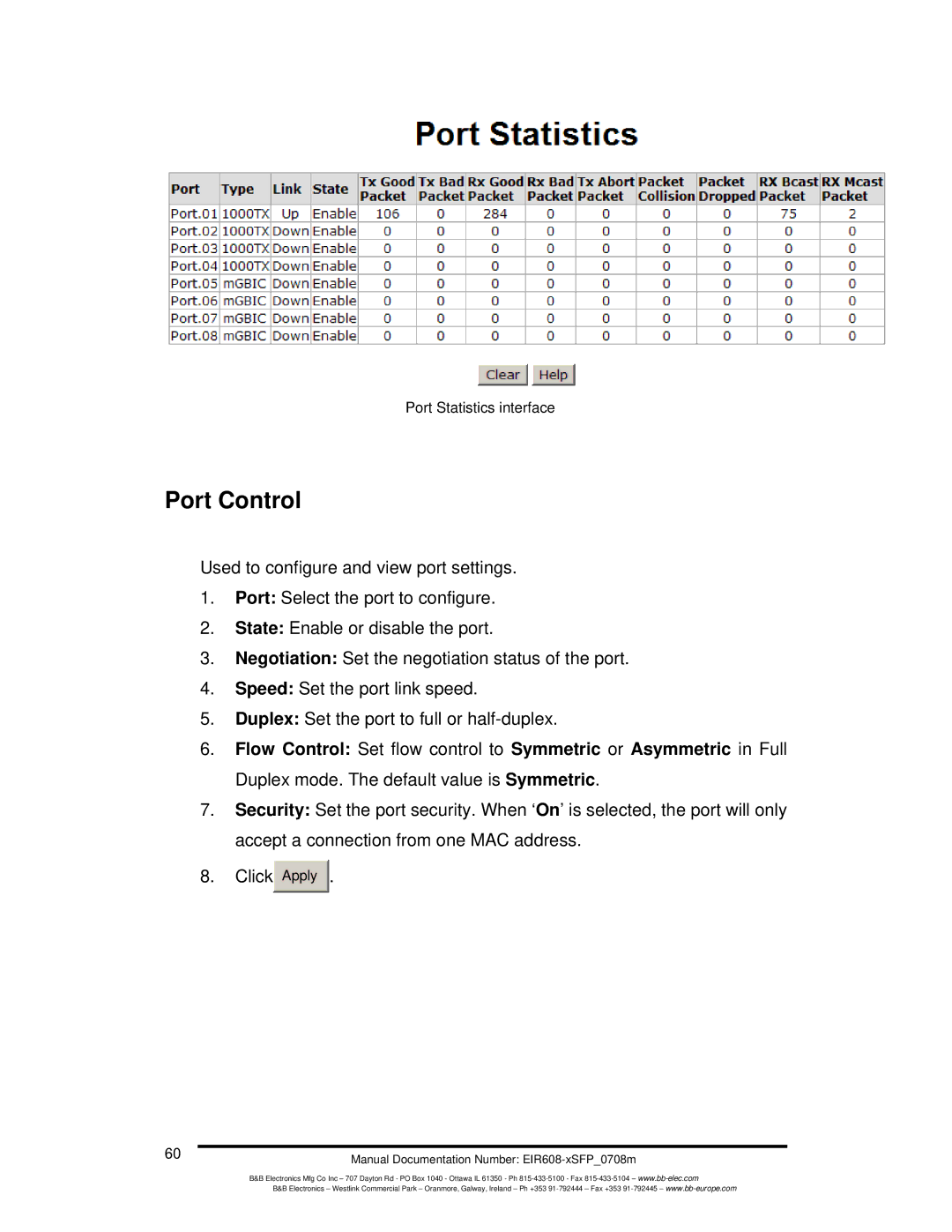 B&B Electronics EIR608-xSFP manual Port Control 