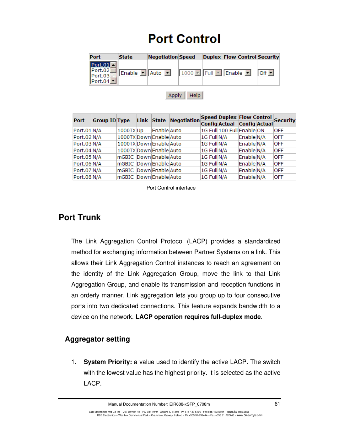 B&B Electronics EIR608-xSFP manual Port Trunk, Aggregator setting 