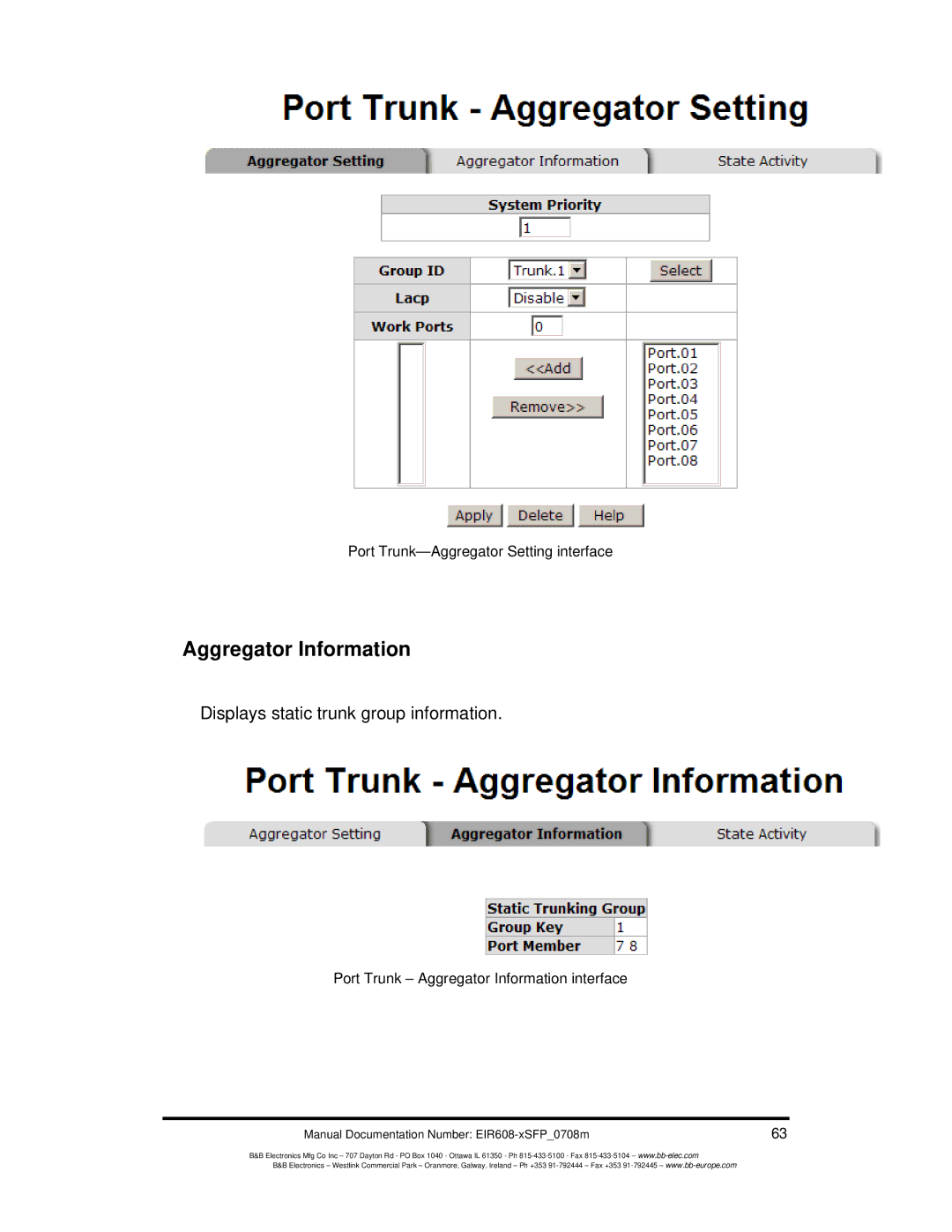 B&B Electronics EIR608-xSFP manual Aggregator Information 