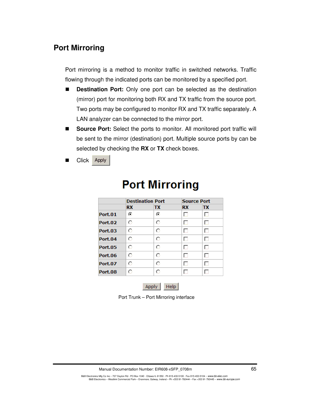 B&B Electronics EIR608-xSFP manual Port Mirroring 