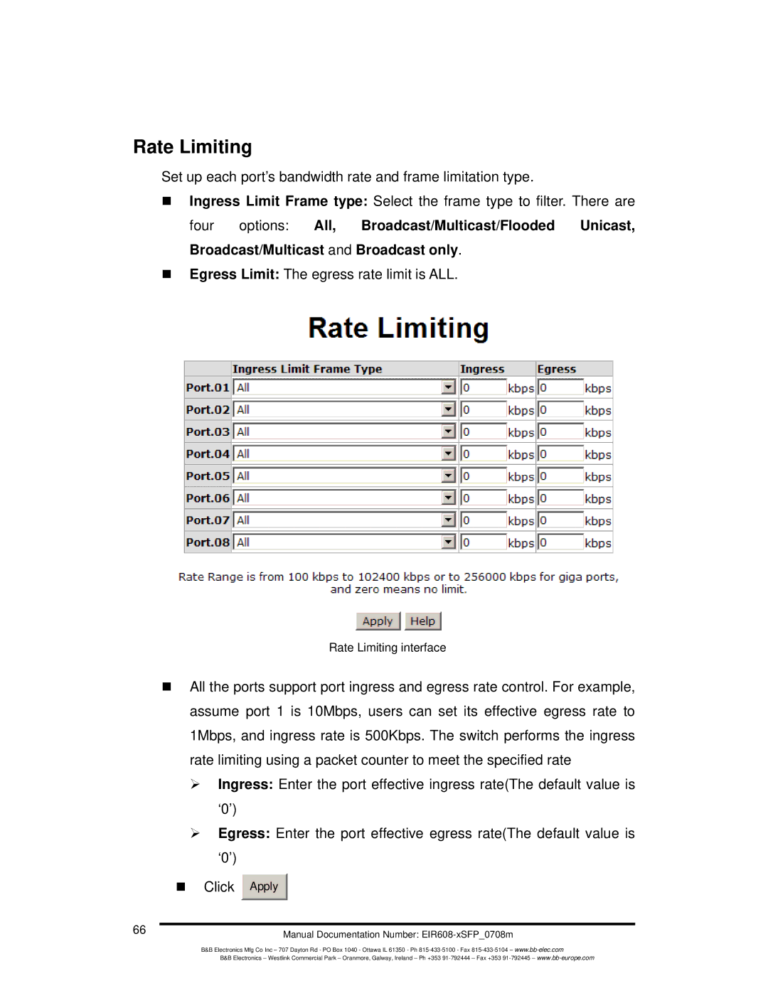 B&B Electronics EIR608-xSFP manual Rate Limiting 