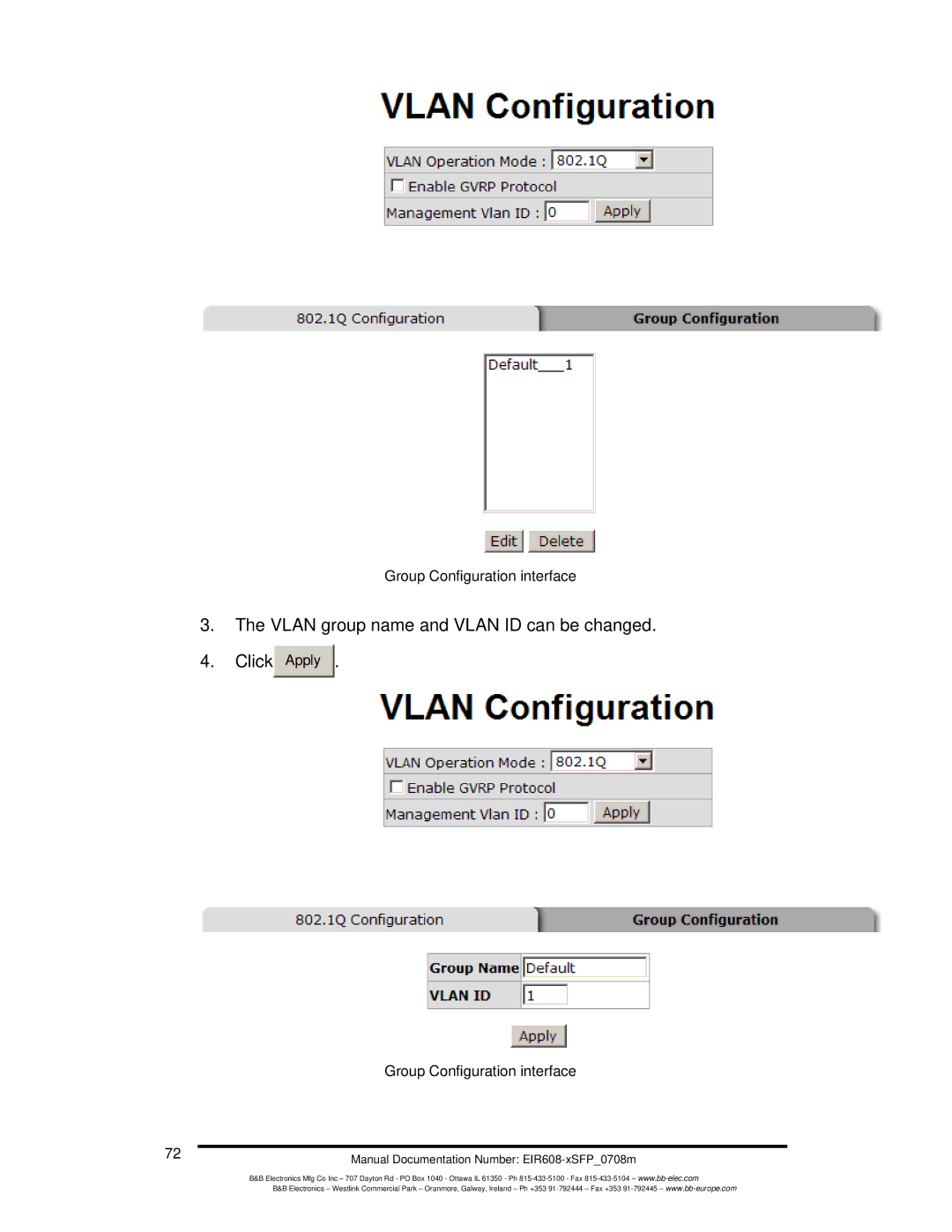 B&B Electronics EIR608-xSFP manual Vlan group name and Vlan ID can be changed Click Apply 