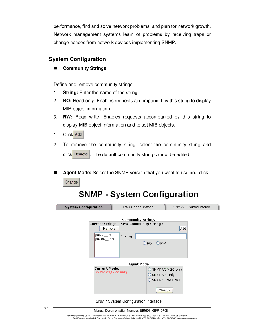 B&B Electronics EIR608-xSFP manual System Configuration, „ Community Strings 