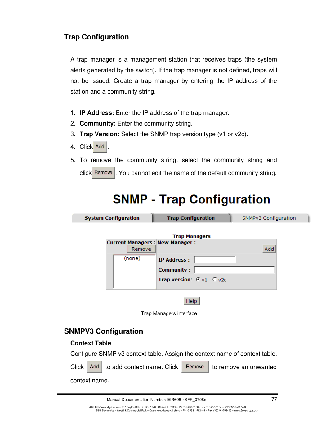 B&B Electronics EIR608-xSFP manual Trap Configuration, SNMPV3 Configuration, Context Table 