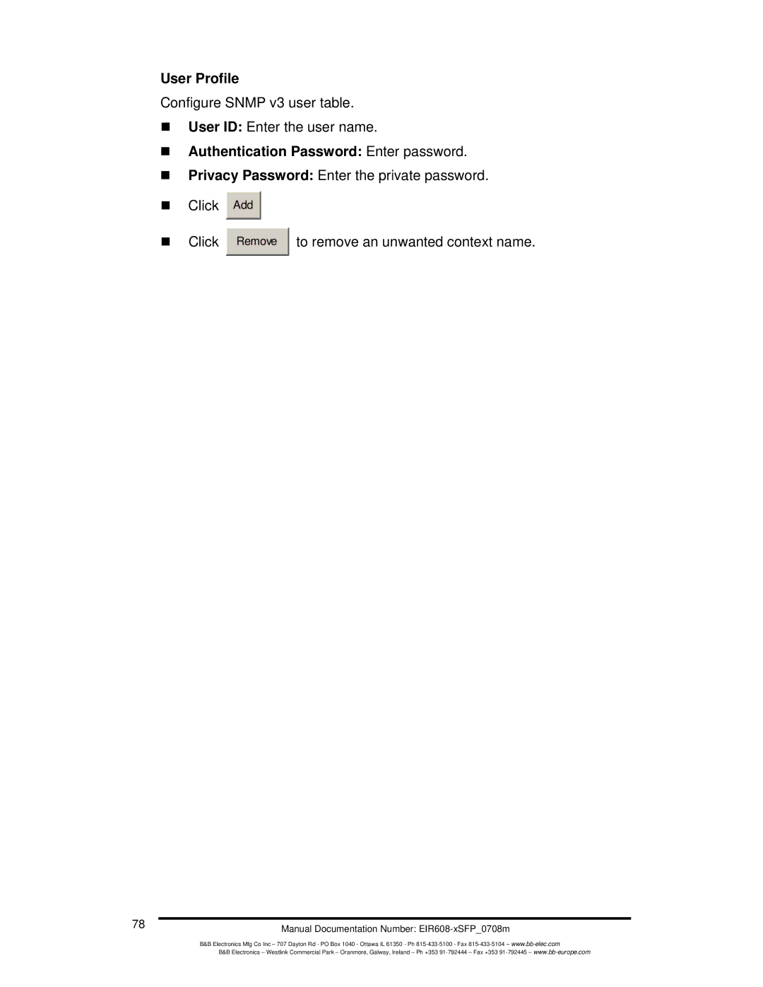 B&B Electronics EIR608-xSFP manual User Profile, „ Authentication Password Enter password 