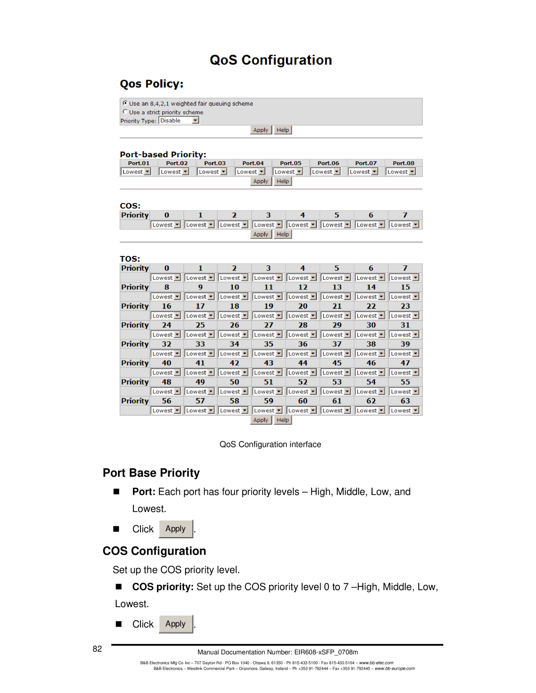 B&B Electronics EIR608-xSFP manual Port Base Priority, COS Configuration 