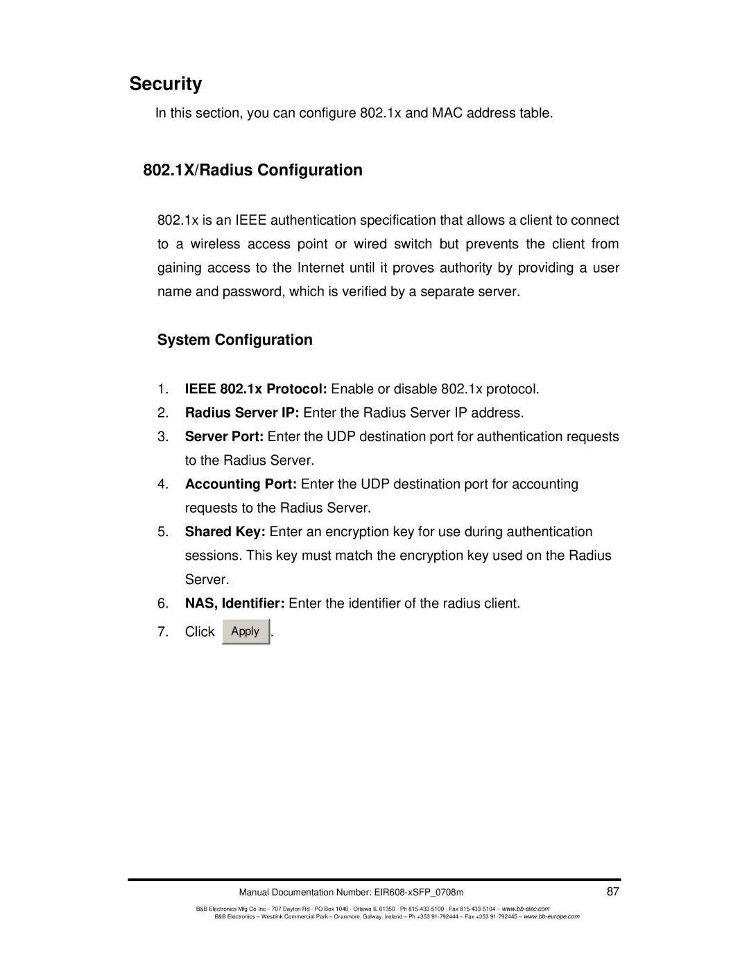 B&B Electronics EIR608-xSFP manual Security, 802.1X/Radius Configuration 