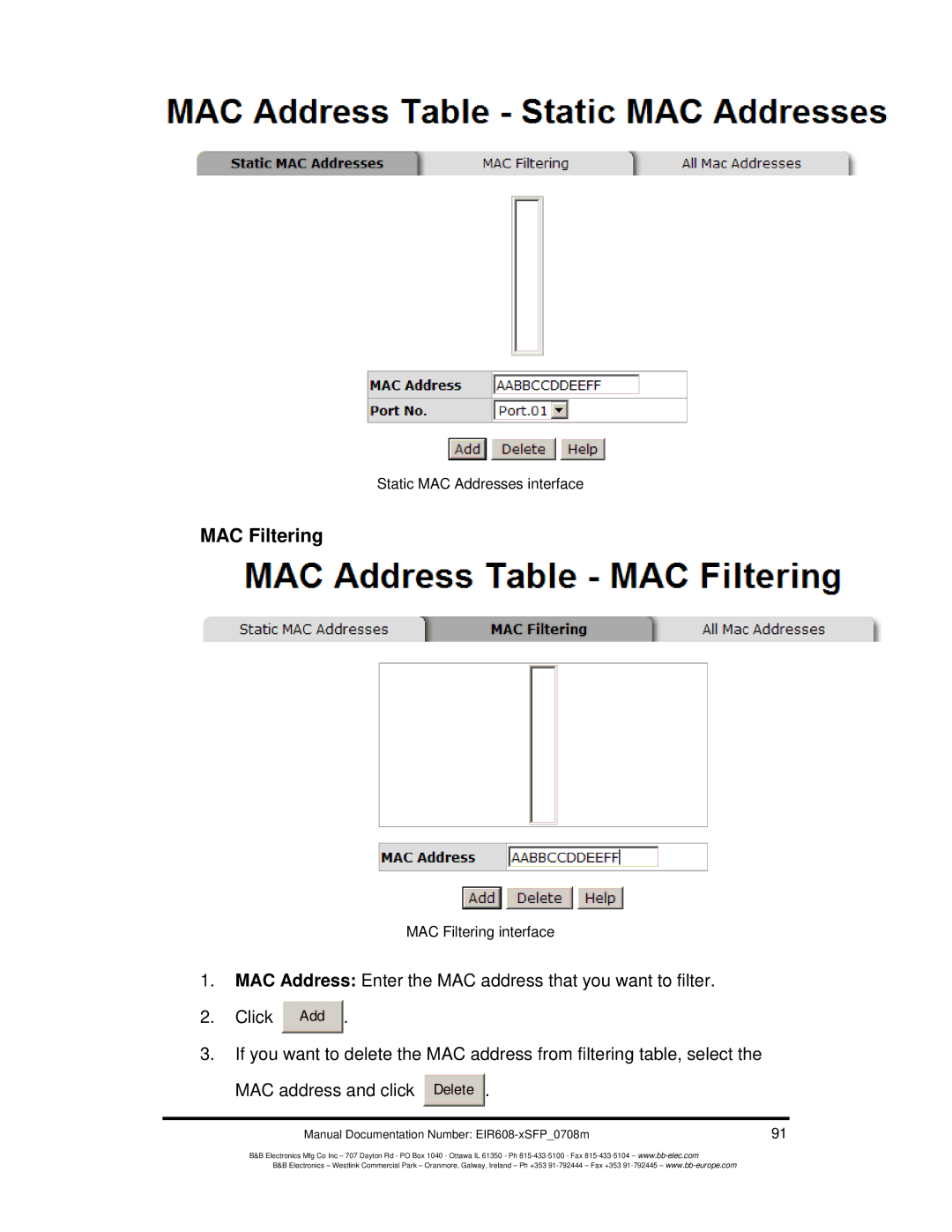 B&B Electronics EIR608-xSFP manual MAC Filtering 