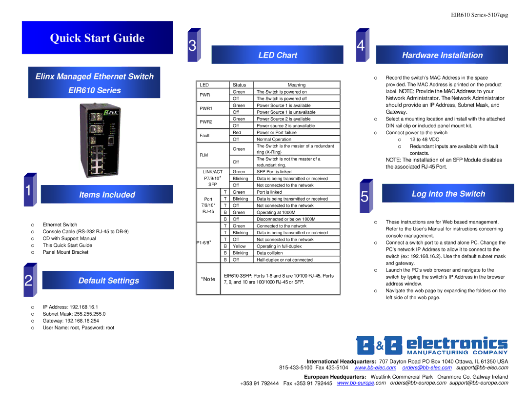 B&B Electronics quick start Elinx Managed Ethernet Switch EIR610 Series Items Included, Default Settings, LED Chart 