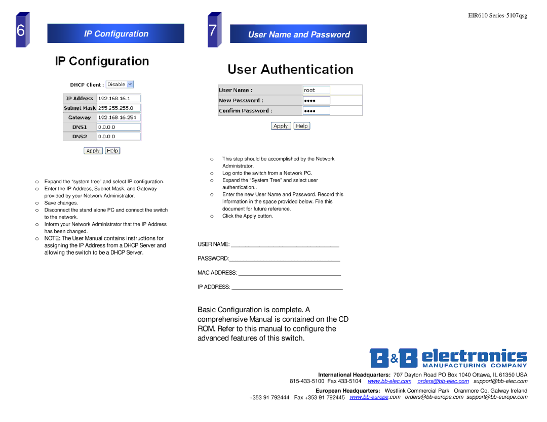 B&B Electronics EIR610 Series quick start IP Configuration, User Name and Password 