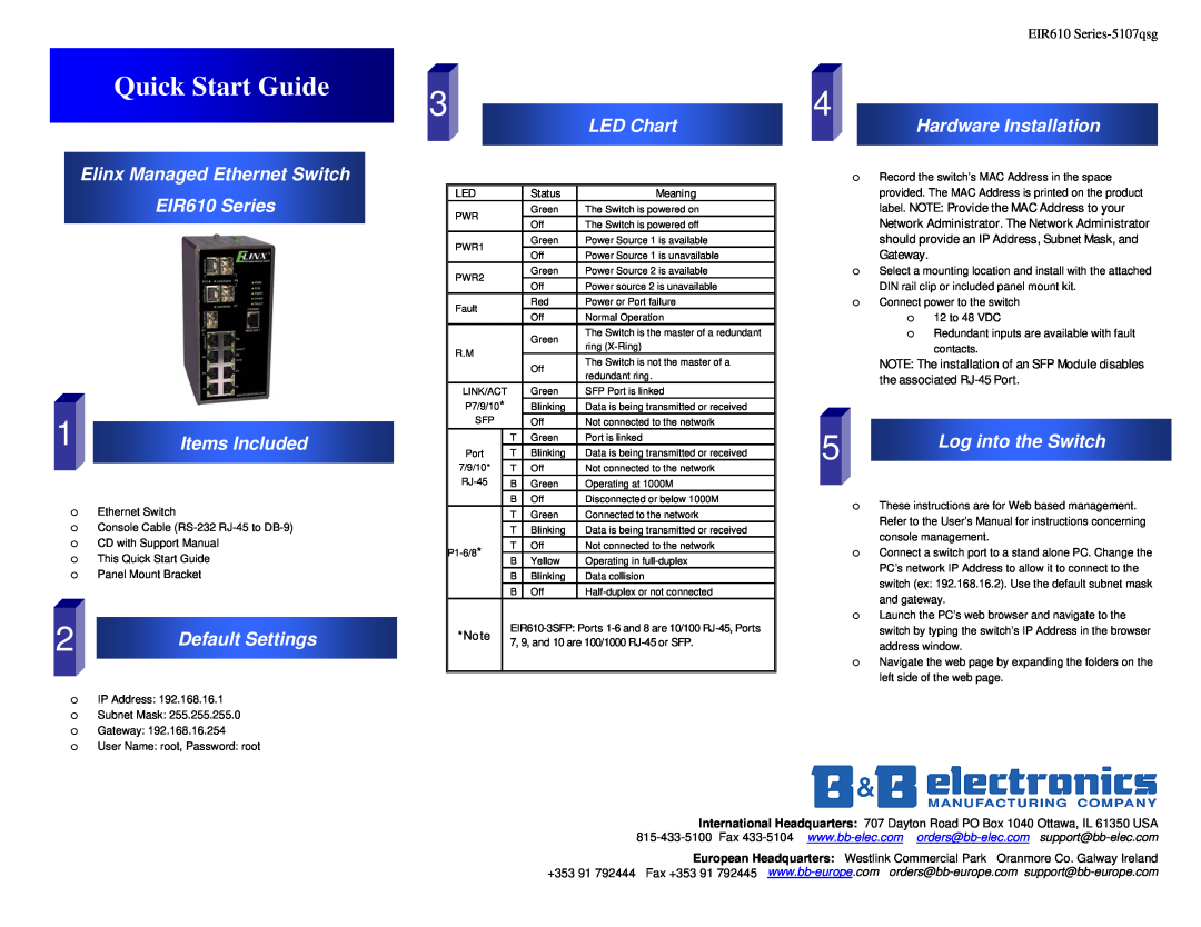B&B Electronics quick start Elinx Managed Ethernet Switch EIR610 Series, Items Included, Default Settings, LED Chart 