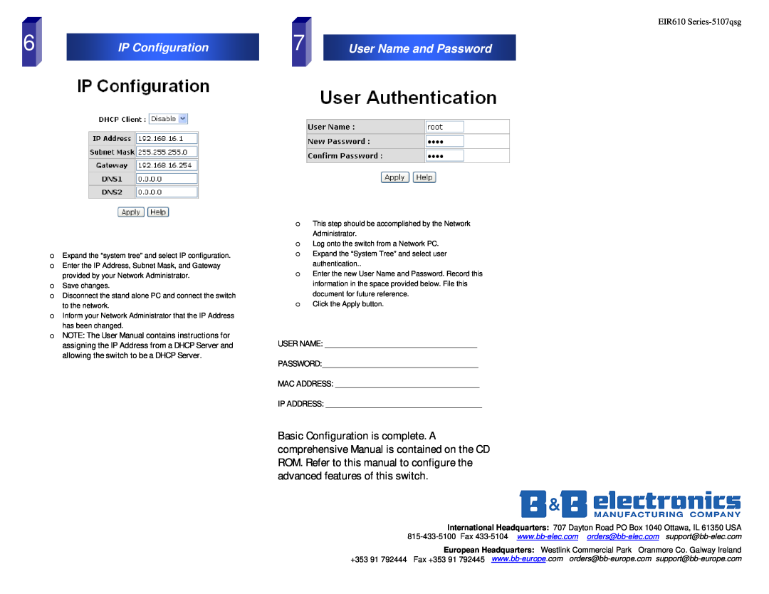 B&B Electronics EIR610 Series IP Configuration, User Name and Password, User Name Password Mac Address Ip Address 