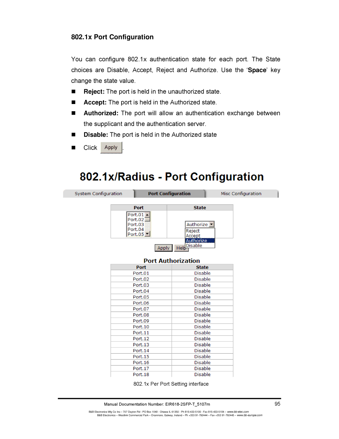 B&B Electronics EIR618-2SFP-T manual 802.1x Port Configuration, 802.1x Per Port Setting interface 